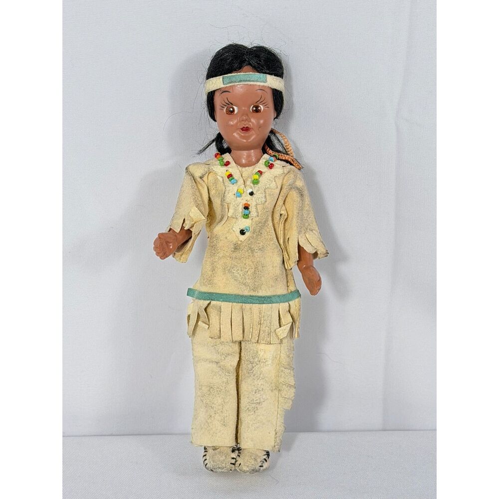 1950s Native American Girl Doll Sleepy Eyes Leather Beaded Necklace Indigenous
